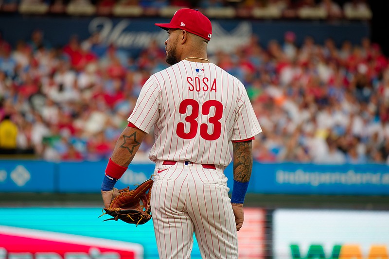 Aug 3, 2025; Philadelphia, Pennsylvania, USA; Philadelphia Phillies infielder Edmundo Sosa stands at third base against the Detroit Tigers at Citizens Bank Park. (Grace Del Pizzo/On Pattison)