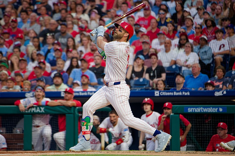Aug 3, 2025; Philadelphia, Pennsylvania, USA; Philadelphia Phillies first baseman Bryce Harper swings at a pitch against the Detroit Tigers at Citizens Bank Park. (Grace Del Pizzo/On Pattison)