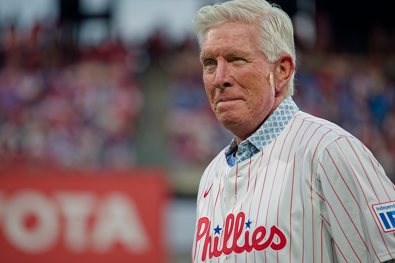 Aug 3, 2025; Philadelphia, Pennsylvania, USA; Phillies Wall of Famer Mike Schmidt leaves the field after a ceremonial base change during the Philadelphia Phillies' game against the Detroit Tigers at Citizens Bank Park. (Grace Del Pizzo/On Pattison)