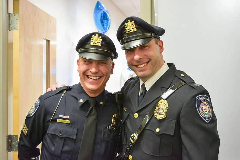 Lansdale police Lieutenant Ryan Devlin, right, and Sgt. Rich Bubnis pose for a photo during the department’s annual award ceremony in 2019. (Credit: Lansdale Police Department)
