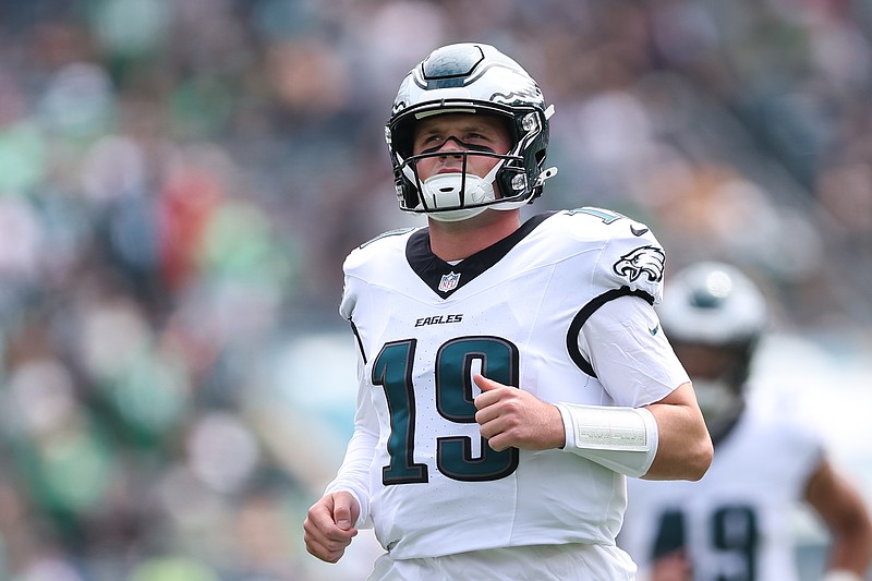 Aug 16, 2025; Philadelphia, Pennsylvania, USA; Philadelphia Eagles quarterback Kyle McCord (19) in a game against the Cleveland Browns at Lincoln Financial Field. Mandatory Credit: Bill Streicher-Imagn Images