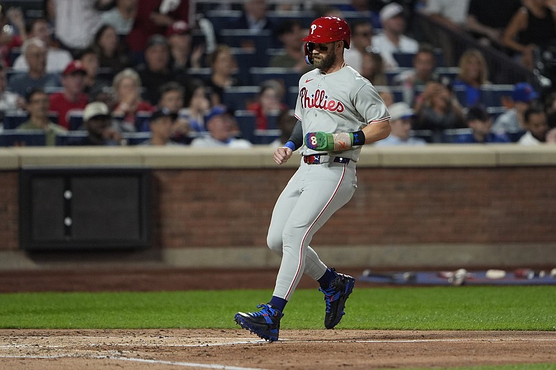 Aug 25, 2025; New York City, New York, USA; Philadelphia Phillies first baseman Bryce Harper (3) scores a run on Philadelphia Phillies third baseman Alec Bohm (28) (not pictured) RBI single against the New York Mets during the third inning at Citi Field. Mandatory Credit: Gregory Fisher-Imagn Images