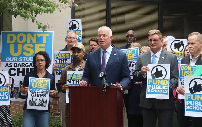 Pennridge State Education Association president Aaron Chapin speaks at a PSEA press conference Wednesday, August 20 in Montgomeryville. (John Worthington – MediaNews Group)