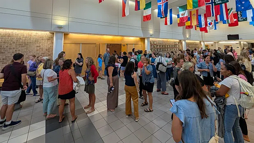 Pennridge staff members arrive at Pennridge High School for the district’s annual convocation. (Credit: David Thomas)