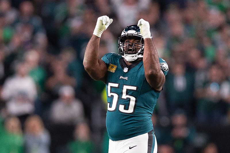 Nov 5, 2023; Philadelphia, Pennsylvania, USA; Philadelphia Eagles defensive end Brandon Graham (55) reacts after a sack during the fourth quarter against the Dallas Cowboys at Lincoln Financial Field. Mandatory Credit: Bill Streicher-USA TODAY Sports