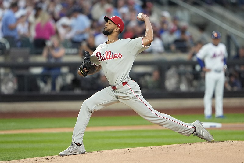 Aug 25, 2025; New York City, New York, USA; Philadelphia Phillies pitcher Cristopher Sanchez (61) delivers a pitch against the New York Mets during the first inning at Citi Field. Mandatory Credit: Gregory Fisher-Imagn Images