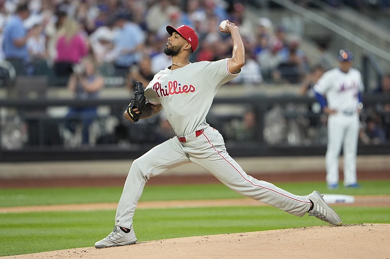 Aug 25, 2025; New York City, New York, USA; Philadelphia Phillies pitcher Cristopher Sanchez (61) delivers a pitch against the New York Mets during the first inning at Citi Field. Mandatory Credit: Gregory Fisher-Imagn Images