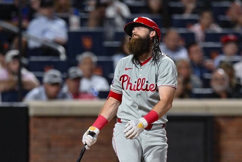Aug 26, 2025; New York City, New York, USA; Philadelphia Phillies outfielder Brandon Marsh (16) reacts after striking out against the New York Mets during the eighth inning at Citi Field. Mandatory Credit: John Jones-Imagn Images