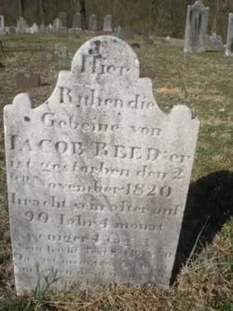 A gravestone for Lt. Col. Jacob Reed can be found in the cemetery at Leidy’s Church in Souderton. (Credit: Hatfield Township)