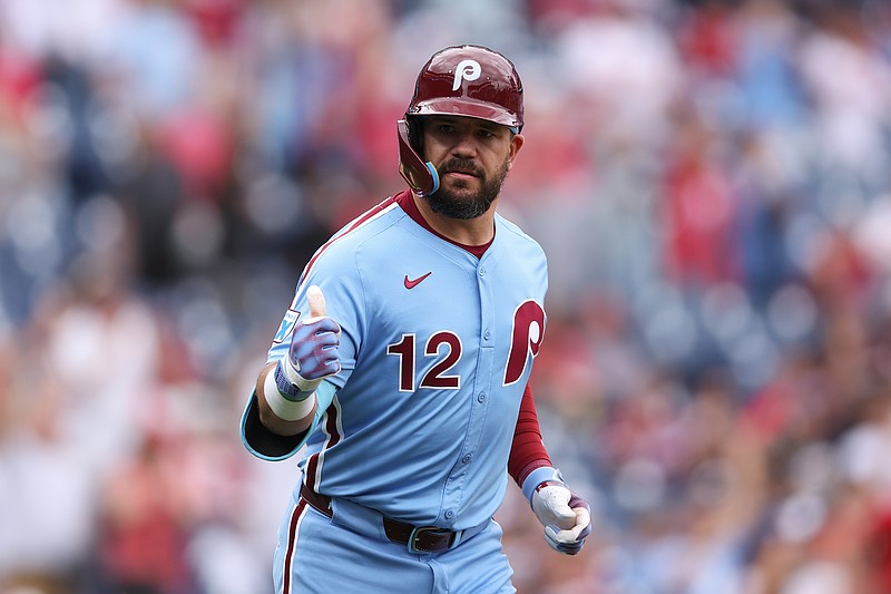 May 29, 2025; Philadelphia, Pennsylvania, USA; Philadelphia Phillies outfielder Kyle Schwarber (12) reacts after hitting a home run during the seventh inning against the Atlanta Braves at Citizens Bank Park. Mandatory Credit: Bill Streicher-Imagn Images