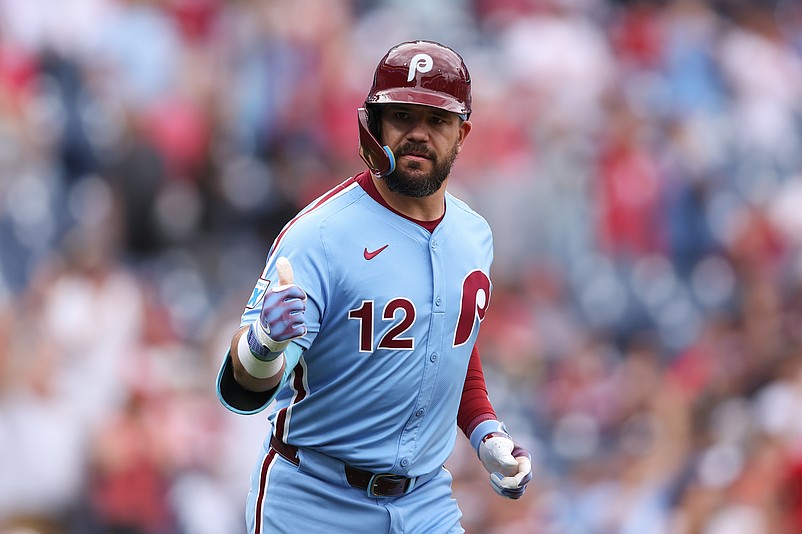 May 29, 2025; Philadelphia, Pennsylvania, USA; Philadelphia Phillies outfielder Kyle Schwarber (12) reacts after hitting a home run during the seventh inning against the Atlanta Braves at Citizens Bank Park. Mandatory Credit: Bill Streicher-Imagn Images