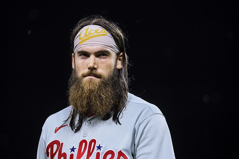Aug 12, 2025; Cincinnati, Ohio, USA; Philadelphia Phillies outfielder Brandon Marsh (16) stands on the field during the middle of the seventh inning against the Cincinnati Reds at Great American Ball Park. Mandatory Credit: Katie Stratman-Imagn Images