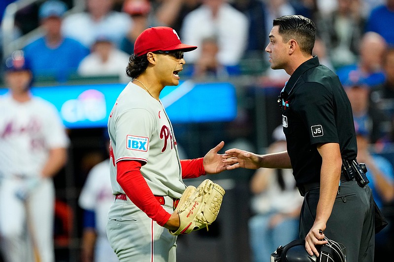 Philadelphia Phillies pitcher Jesus Luzardo (44) argues with an umpire who said his last pitch did not count because the batter, Juan Soto (not shown) called timeout, Tuesday, August 26, 2025.