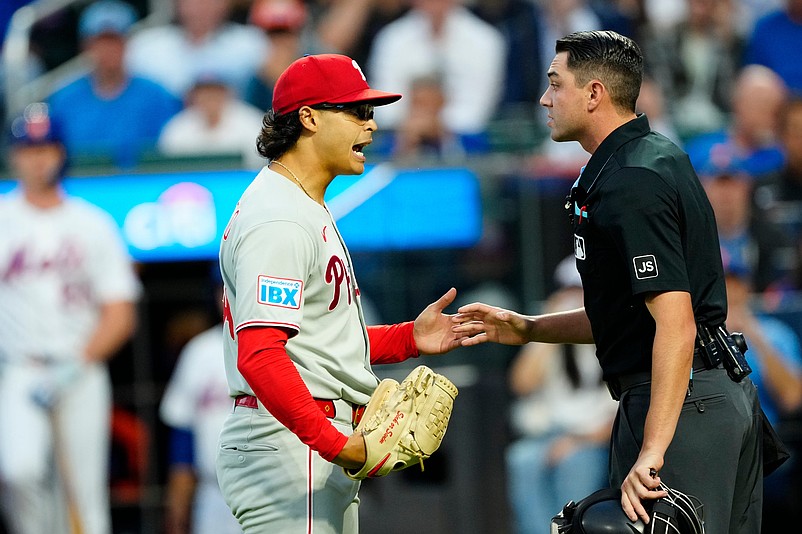 Philadelphia Phillies pitcher Jesus Luzardo (44) argues with an umpire who said his last pitch did not count because the batter, Juan Soto (not shown) called timeout, Tuesday, August 26, 2025.