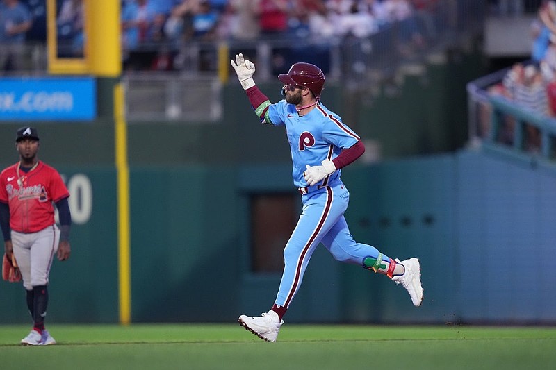Aug 28, 2025; Philadelphia, Pennsylvania, USA; Philadelphia Phillies infielder Bryce Harper (3) rounds the bases after hitting a home run against the Atlanta Braves in the third inning at Citizens Bank Park. Mandatory Credit: Kyle Ross-Imagn Images