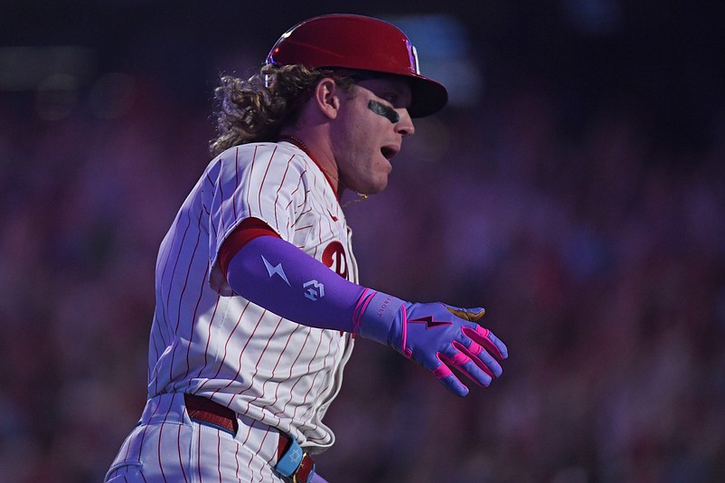Aug 4, 2025; Philadelphia, Pennsylvania, USA; Philadelphia Phillies outfielder Harrison Bader (2) reacts after hitting a 3-run home run during the sixth inning against the Baltimore Orioles at Citizens Bank Park. Mandatory Credit: Eric Hartline-Imagn Images