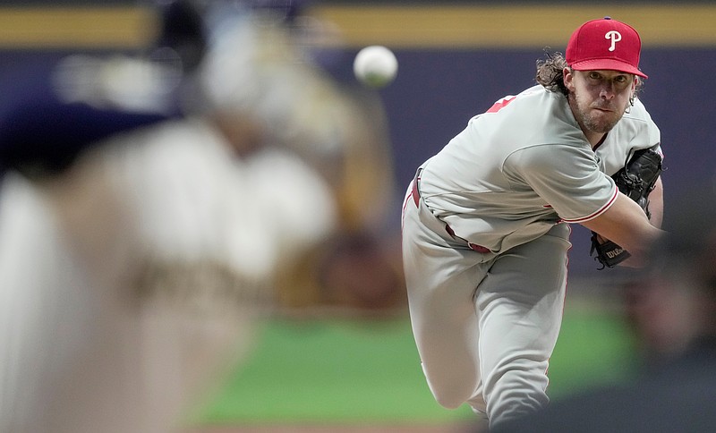 Philadelphia Phillies pitcher Aaron Nola (27) throws during the first inning of their game against the Milwaukee Brewers Wednesday, September 3, 2025 at American Family Field in Milwaukee, Wisconsin.