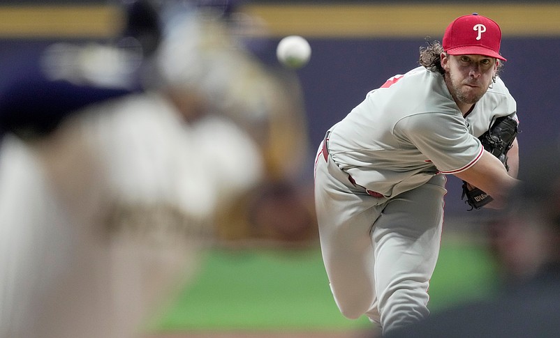 Philadelphia Phillies pitcher Aaron Nola (27) throws during the first inning of their game against the Milwaukee Brewers Wednesday, September 3, 2025 at American Family Field in Milwaukee, Wisconsin.