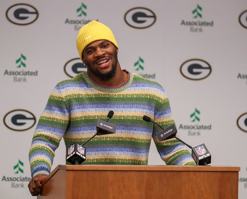 Green Bay Packers edge rusher Micah Parsons speaks during an introductory press conference on Friday, August 29, 2025, at Lambeau Field in Green Bay, Wis. The Packers made a trade with the Dallas Cowboys on Aug. 28 to acquire Parsons in exchange for defensive tackle Kenny Clark and two first round picks..Tork Mason/USA TODAY NETWORK-Wisconsin