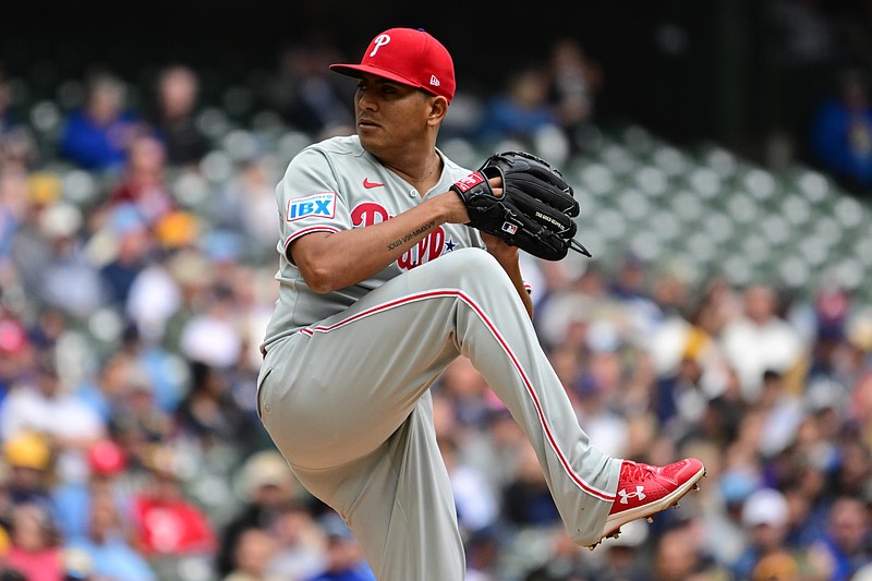 Sep 4, 2025; Milwaukee, Wisconsin, USA; Philadelphia Phillies starting pitcher Ranger Suarez (55) throws against the Milwaukee Brewers in the first inning at American Family Field. Mandatory Credit: Benny Sieu-Imagn Images