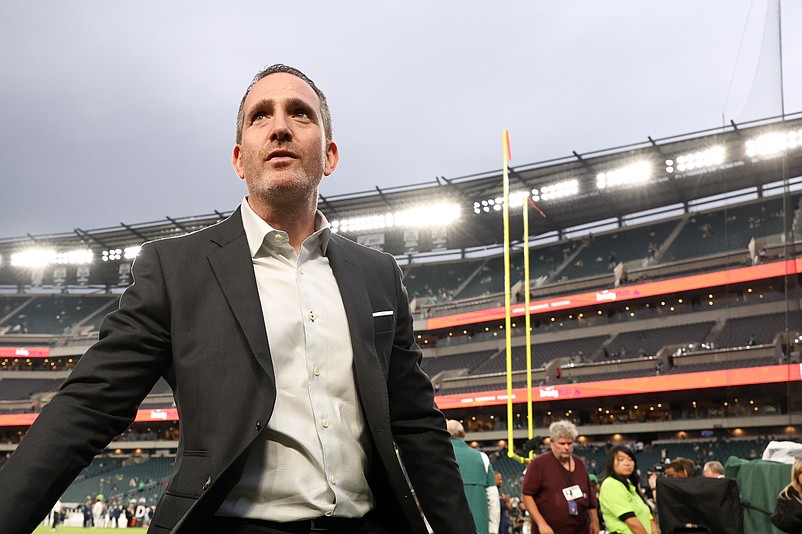 Sep 4, 2025; Philadelphia, Pennsylvania, USA; Philadelphia Eagles general manager Howie Roseman looks on before the game between the Philadelphia Eagles and the Dallas Cowboys at Lincoln Financial Field. Mandatory Credit: Bill Streicher-Imagn Images