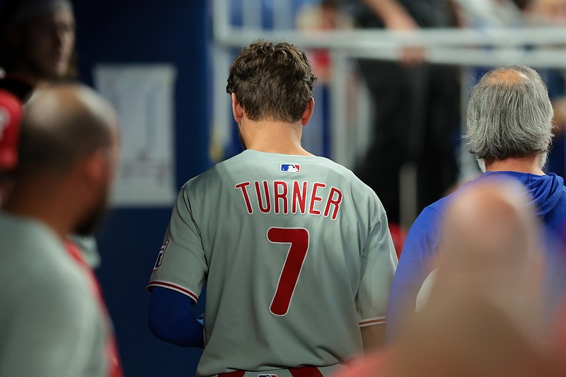 Sep 7, 2025; Miami, Florida, USA; Philadelphia Phillies shortstop Trea Turner (7) exits the game against the Miami Marlins during the seventh inning at loanDepot Park. Mandatory Credit: Sam Navarro-Imagn Images