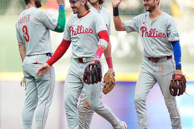 Philadelphia Phillies celebrate the win over the Milwaukee Brewers after the ninth inning of the game on Thursday September 4, 2025 at American Family Field in Milwaukee, Wisconsin.