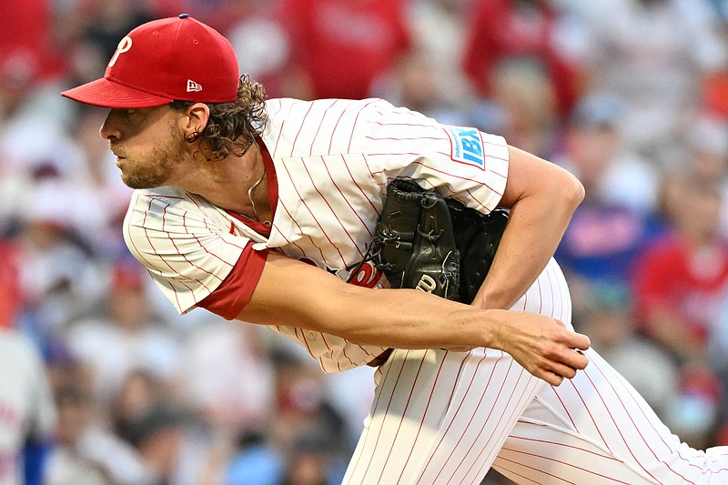 Sep 8, 2025; Philadelphia, Pennsylvania, USA; Philadelphia Phillies pitcher Aaron Nola (27) throws a pitch during the first inning against the New York Mets at Citizens Bank Park. Mandatory Credit: Eric Hartline-Imagn Images