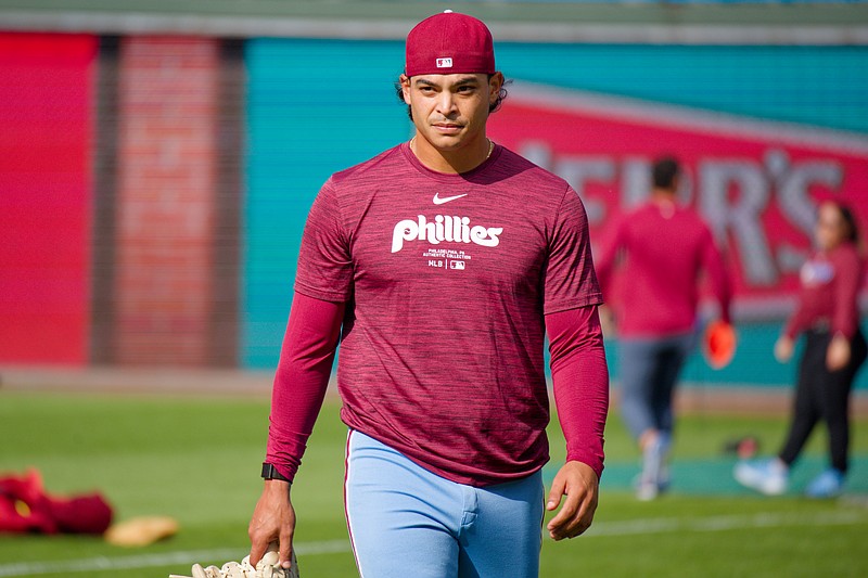 Aug 28, 2025; Philadelphia, Pennsylvania, USA; Philadelphia Phillies starting pitcher Jesús Luzardo walks in from the bullpen at Citizens Bank Park. (Grace Del Pizzo/On Pattison)