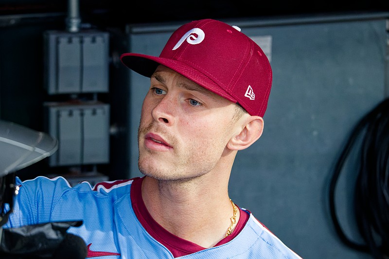 Aug 28, 2025; Philadelphia, Pennsylvania, USA; Philadelphia Phillies outfielder Max Kepler signs autographs next to the Phillies dugout at Citizens Bank Park. (Grace Del Pizzo/On Pattison)