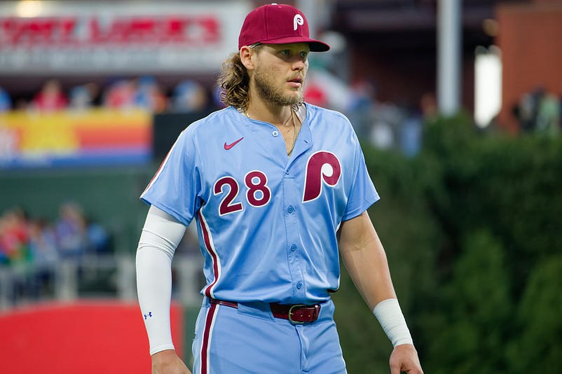Aug 28, 2025; Philadelphia, Pennsylvania, USA; Philadelphia Phillies third baseman Alec Bohm warms up before a game against the Atlanta Braves at Citizens Bank Park. (Grace Del Pizzo/On Pattison)