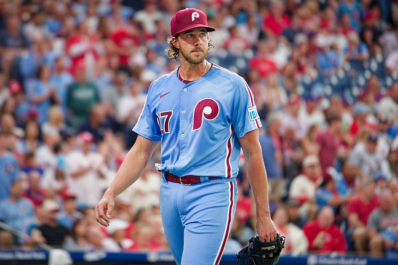 Aug 28, 2025; Philadelphia, Pennsylvania, USA; Philadelphia Phillies pitcher Aaron Nola heads to the dugout after an inning against the Atlanta Braves at Citizens Bank Park. (Grace Del Pizzo/On Pattison)