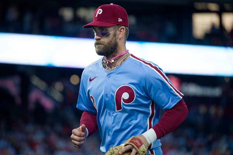 Aug 28, 2025; Philadelphia, Pennsylvania, USA; Philadelphia Phillies first baseman Bryce Harper heads to the dugout against the Atlanta Braves at Citizens Bank Park. (Grace Del Pizzo/On Pattison)