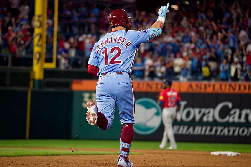 Aug 28, 2025; Philadelphia, Pennsylvania, USA; Philadelphia Phillies designated hitter Kyle Schwarber rounds the bases after his third home run of the game against the Atlanta Braves at Citizens Bank Park. (Grace Del Pizzo/On Pattison)