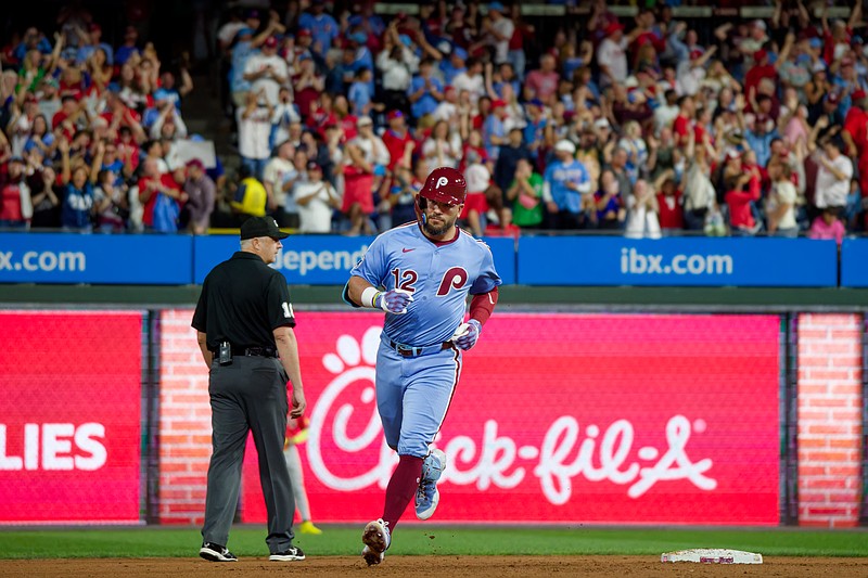 Aug 28, 2025; Philadelphia, Pennsylvania, USA; Philadelphia Phillies designated hitter Kyle Schwarber rounds the bases after his fourth home run of the game against the Atlanta Braves at Citizens Bank Park. (Grace Del Pizzo/On Pattison)