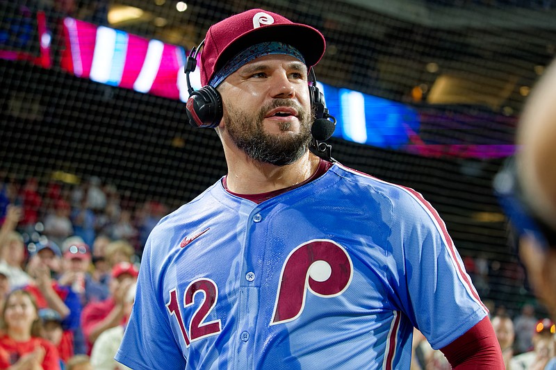 Aug 28, 2025; Philadelphia, Pennsylvania, USA; Philadelphia Phillies designated hitter Kyle Schwarber speaks for a postgame interview following his historic four home runs against the Atlanta Braves at Citizens Bank Park. (Grace Del Pizzo/On Pattison)