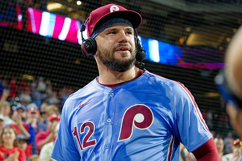 Aug 28, 2025; Philadelphia, Pennsylvania, USA; Philadelphia Phillies designated hitter Kyle Schwarber speaks for a postgame interview following his historic four home runs against the Atlanta Braves at Citizens Bank Park. (Grace Del Pizzo/On Pattison)
