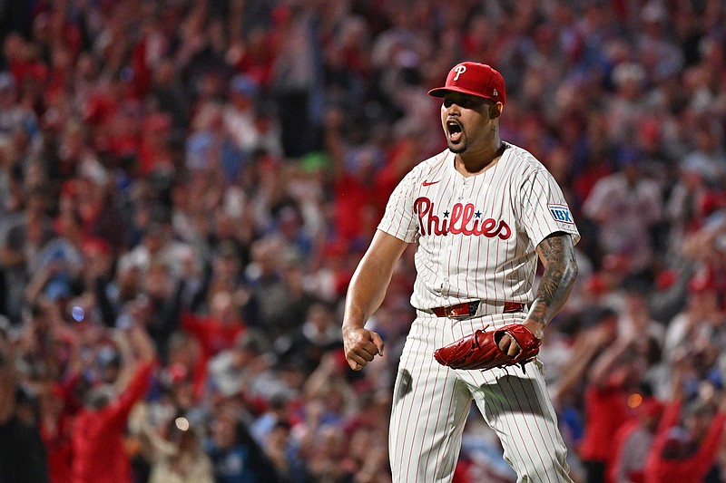 Sep 8, 2025; Philadelphia, Pennsylvania, USA; Philadelphia Phillies pitcher Jhoan Duran (59) celebrates after getting the final out against the New York Mets during the ninth inning at Citizens Bank Park. Mandatory Credit: Eric Hartline-Imagn Images