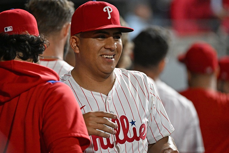 Sep 9, 2025; Philadelphia, Pennsylvania, USA; Philadelphia Phillies pitcher Ranger Su‡rez (55) in the dugout after pitching the sixth inning against the New York Mets at Citizens Bank Park. Mandatory Credit: Eric Hartline-Imagn Images