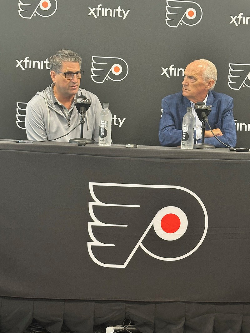 Flyers President Keith Jones and CEO Dan Hilferty speak to the media on the state of the franchise the day before rookie camp is set to kick off the 2025-26 season. (Credit: Anthony SanFilippo)