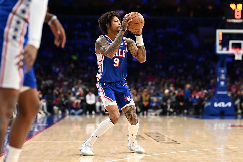 Mar 9, 2025; Philadelphia, Pennsylvania, USA; Philadelphia 76ers guard Kelly Oubre Jr (9) shoots the ball against the Utah Jazz in the second quarter at Wells Fargo Center. Mandatory Credit: Kyle Ross-Imagn Images