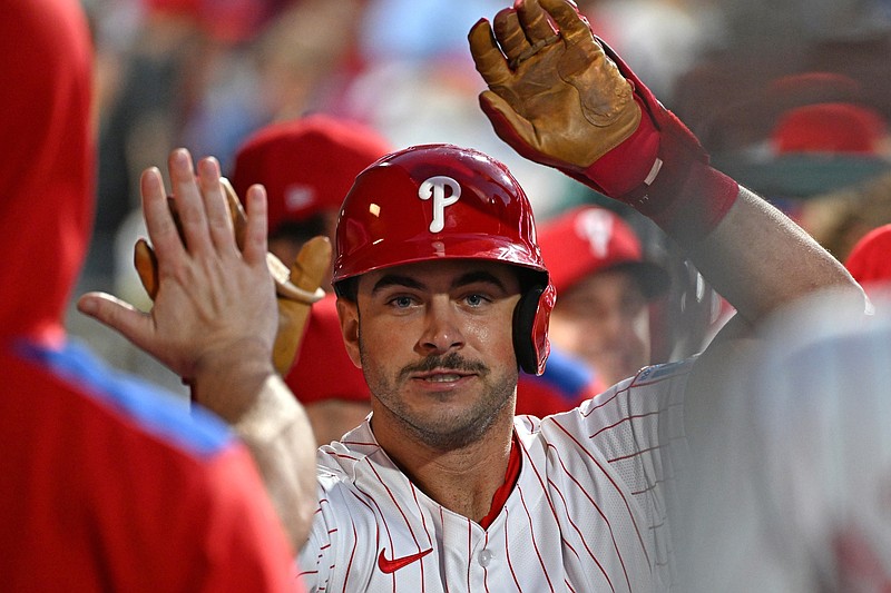 Sep 9, 2025; Philadelphia, Pennsylvania, USA; Philadelphia Phillies third base Otto Kemp (4) celebrates his home run during the second inning against the New York Mets at Citizens Bank Park. Mandatory Credit: Eric Hartline-Imagn Images