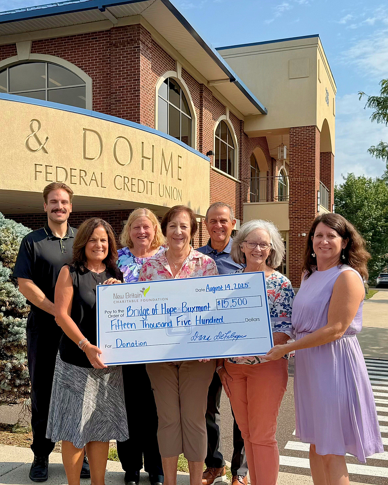 (Left to right): Nick Perricone, Dana DeFilippis, President (NBCF); Sharon Noble, Assistant Treasurer (NBCF); Joan Wambold, Board Chair (Bridge of Hope BuxMont); Domenic DiPillo, Executive Director (NBCF); Karen Kutzner, Vice Chair (Bridge of Hope BuxMont); Alyssa Snyder, Executive Director (Bridge of Hope BuxMont). (Credit: New Britain Charitable Foundation)