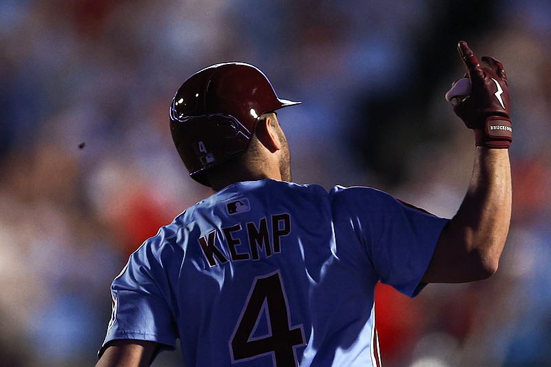 Sep 11, 2025; Philadelphia, Pennsylvania, USA; Philadelphia Phillies Otto Kemp (4) reacts after hitting a two RBI home run against the New York Mets during the fourth inning at Citizens Bank Park. Mandatory Credit: Bill Streicher-Imagn Images