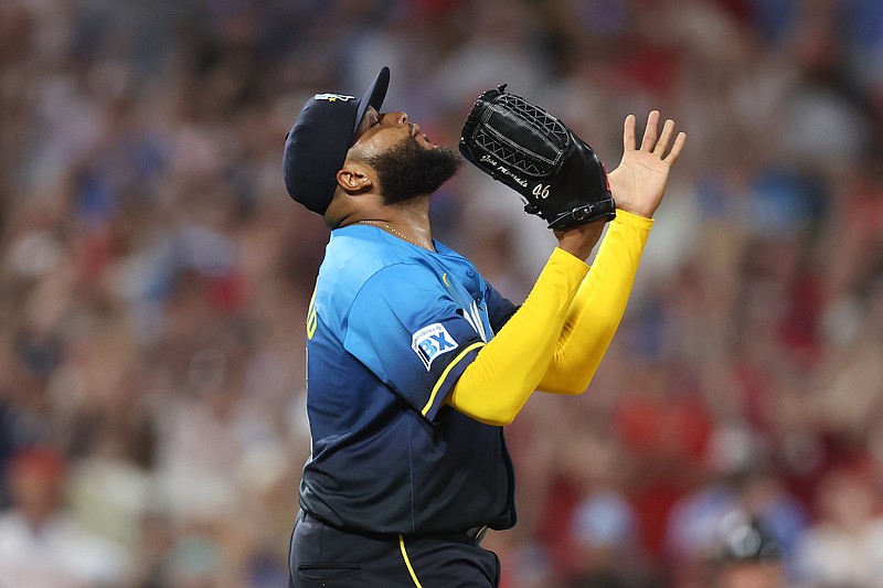 May 2, 2025; Philadelphia, Pennsylvania, USA; Philadelphia Phillies pitcher Jose Alvarado (46) reacts to a victory against the Arizona Diamondbacks at Citizens Bank Park. Mandatory Credit: Bill Streicher-Imagn Images