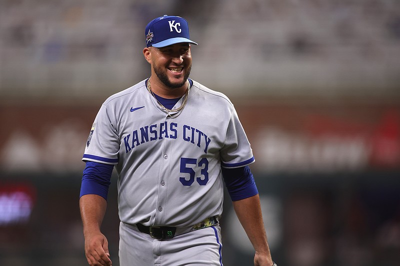 Jul 15, 2025; Cumberland, Georgia, USA; American League pitcher Carlos Estevez (53) of the Kansas City Royals reacts in the seventh inning during the 2025 MLB All Star Game at Truist Park. Mandatory Credit: Brett Davis-Imagn Images