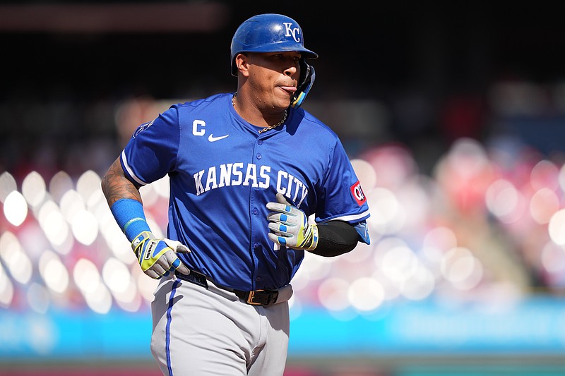 Sep 14, 2025; Philadelphia, Pennsylvania, USA; Kansas City Royals catcher Salvador Perez (13) rounds the bases after hitting a three-run home run against the Philadelphia Phillies in the sixth inning at Citizens Bank Park. Mandatory Credit: Kyle Ross-Imagn Images