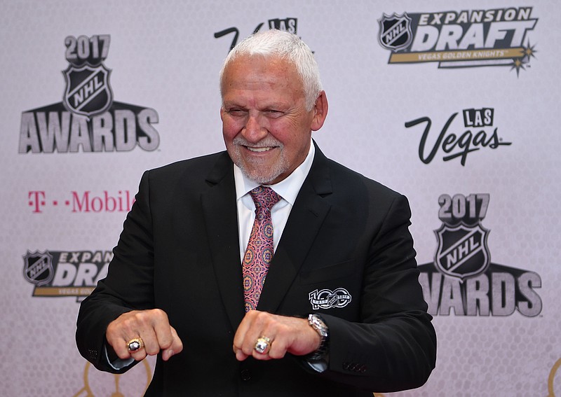 Jun 21, 2017; Las Vegas, NV, USA; Bernie Parent arrives on the red carpet before the 2017 NHL Awards and Expansion Draft at T-Mobile Arena. Mandatory Credit: Stephen R. Sylvanie-USA TODAY Sports