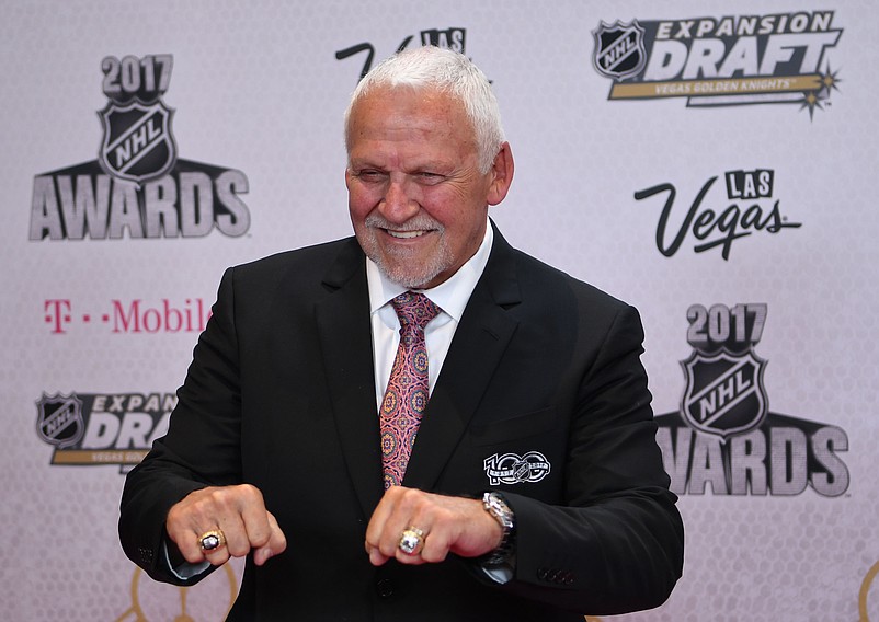 Jun 21, 2017; Las Vegas, NV, USA; Bernie Parent arrives on the red carpet before the 2017 NHL Awards and Expansion Draft at T-Mobile Arena. Mandatory Credit: Stephen R. Sylvanie-USA TODAY Sports