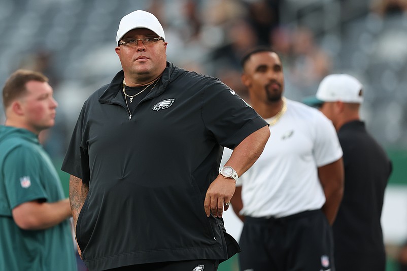 Aug 22, 2025; East Rutherford, New Jersey, USA; Philadelphia Eagles primary bodyguard, Big Dom DiSandro looks on during warm ups before the preseason game between the New York Jets and the Eagles at MetLife Stadium. Mandatory Credit: Vincent Carchietta-Imagn Images